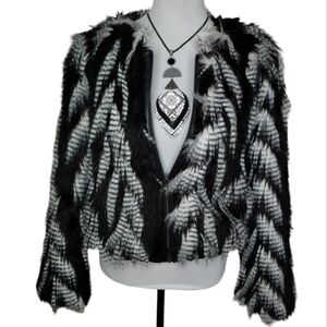 Leith Black and White Patterned Faux Fur Jacket With Zippered Front. Size S